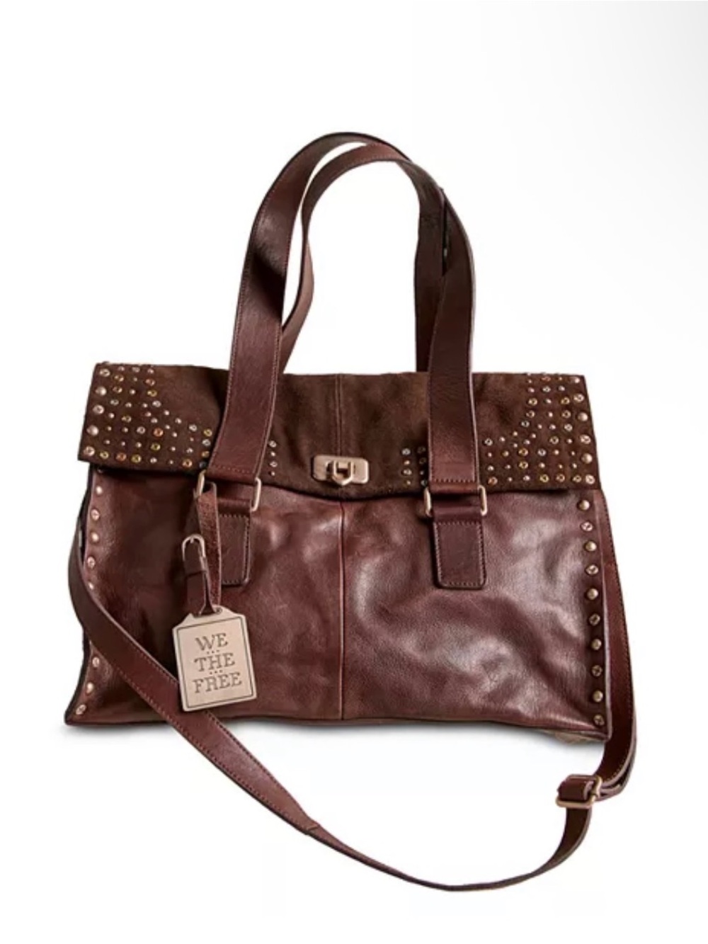 We The Free Chocolate Brown Studded Leather Shoulder Bag
